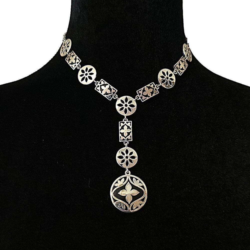 Vintage Liz Claiborne Y Necklace Silver Tone Black Flower Cut Out